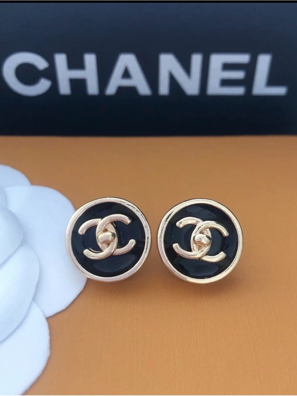 Designer Inspired Black and Gold CCC Logo Stud Earrings